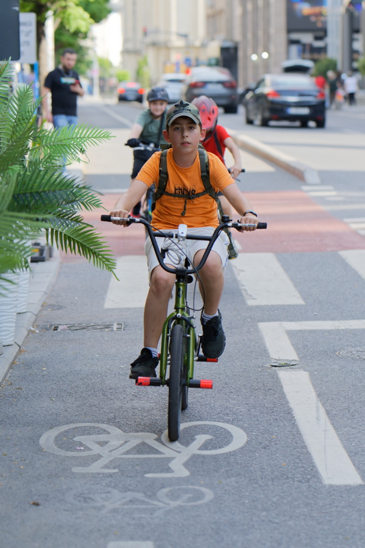 Child riding a bicycle down a marked city bike lane
